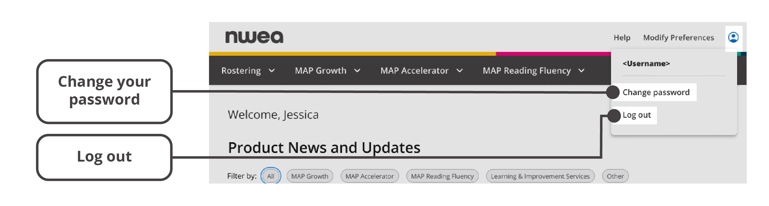 This is where you’ll be able to change your password and log out.